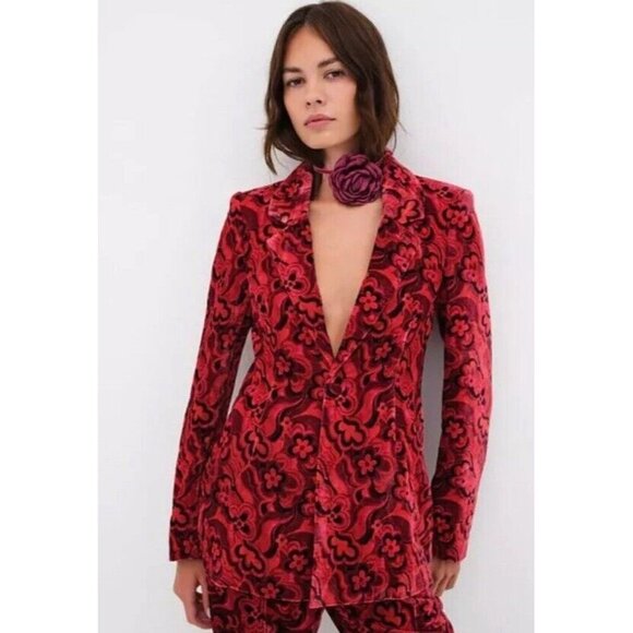 NWT For Love & Lemons Penny Blazer Velvet Red Floral Size Small - Picture 2 of 11